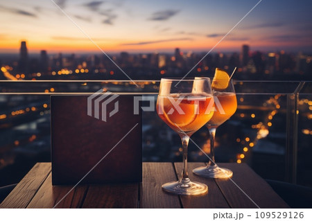 AI-generated content. Promotional flyer for a rooftop bar with panoramic views. Generative AI 109529126
