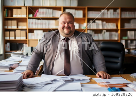 AI-generated content. Man manager plus size office background. Generative AI 109529220