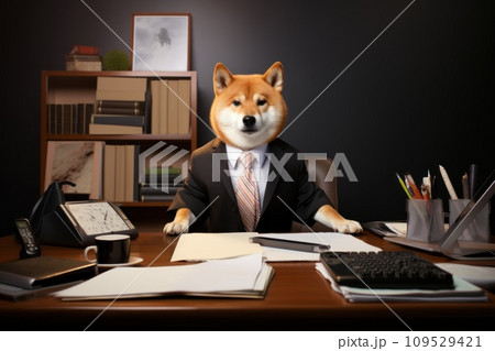 AI-generated content. Shiba like a boss sitting behind a desk in style of Anthropomorphic animals. Generative AI 109529421