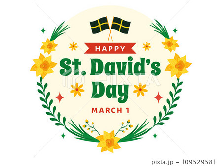 Happy St David's Day Vector Illustration on March 1 with Welsh Dragons and Yellow Daffodils in Celebration Holiday Flat Cartoon Background Design 109529581