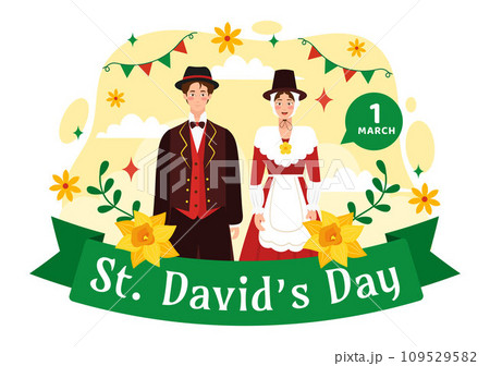 Happy St David's Day Vector Illustration on March 1 with Welsh Dragons and Yellow Daffodils in Celebration Holiday Flat Cartoon Background Design 109529582