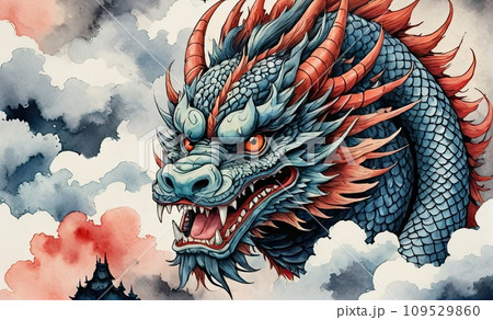 Japanese dragon face in watercolor sytle Japanese dragon face in watercolor sytle 109529860