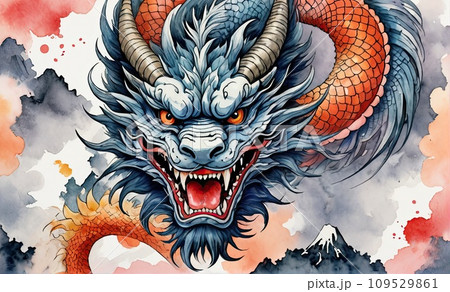 Japanese dragon face in watercolor sytle Japanese dragon face in watercolor sytle 109529861