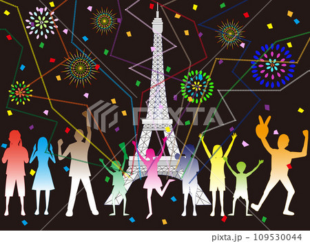 パリのエッフェル塔前でスポーツ大会を応援するサポーター。 パリのエッフェル塔前でスポーツ大会を応援するサポーター。 109530044