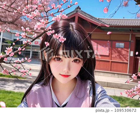 3月の春の桜とお花見を楽しむ少女 109530672