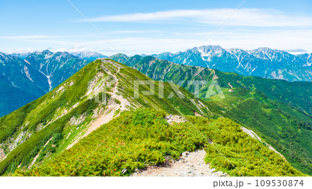 夏の爺ヶ岳登山（爺ヶ岳中峰から針ノ木岳・立山方面の眺め） 109530874