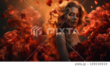 Elegant Young Woman in a Lush Garden of Red Roses - Realistic Cinematic Photography 109530919
