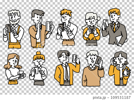 A set of people of various ages holding smartphones. Comical hand-drawn people. Vector, color line drawing. 109531187