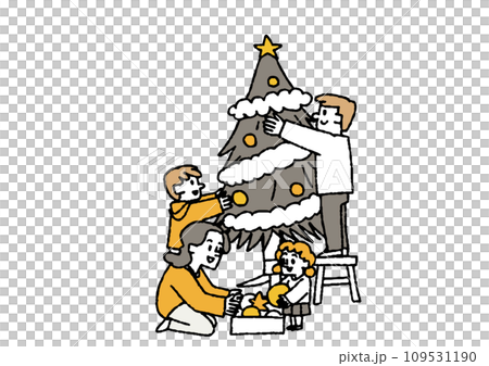 A family decorating a tree. People enjoying a Christmas home party and spending time with family. 109531190