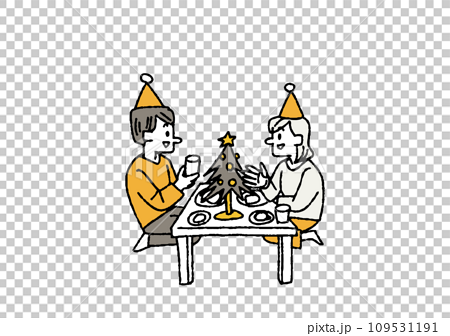 ツリーと食事を楽しむカップル　クリスマスのホームパーティーや家族との時間を楽しむ人々 109531191