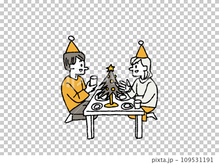 Couple enjoying a meal with a tree. People enjoying a Christmas home party and time with family. Couple enjoying a meal with a tree. People enjoying a Christmas home party and time with family. 109531191