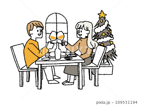 食卓で乾杯するカップル　クリスマスのホームパーティーや家族との時間を楽しむ人々 109531194