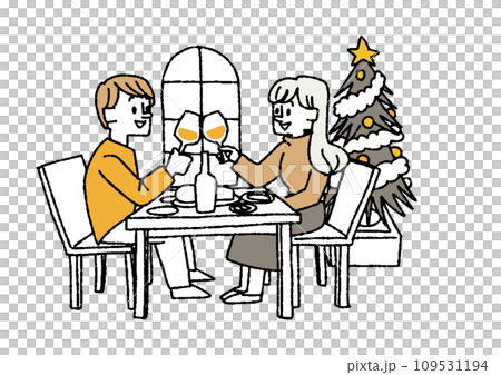 A couple toasting at the dining table. People enjoying a Christmas home party and spending time with their families. 109531194