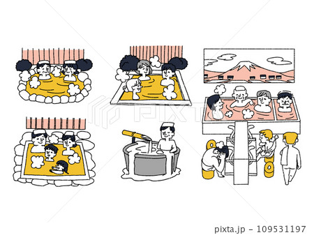銭湯、スパ、浴場のイラストセット　コミカルな手書きの人物　ベクター、線画にカラー 109531197