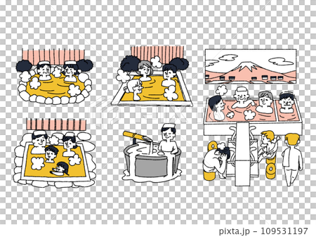 銭湯、スパ、浴場のイラストセット　コミカルな手書きの人物　ベクター、線画にカラー 109531197