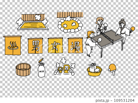銭湯、スパ、浴場の小物や人物のイラストセット　コミカルな手書きの人物　ベクター、線画にカラー 109531204