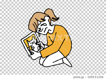 A woman sheds tears after looking at a photo of her deceased pet. People close and dear to her, people who lost their pets. A woman sheds tears after looking at a photo of her deceased pet. People close and dear to her, people who lost their pets. 109531208