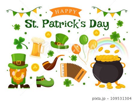 Happy St Patrick's Day Vector Illustration on 17 March with Golden Coins, Green Hat, Beer Pub and Shamrock in Flat Cartoon Background Design 109531304