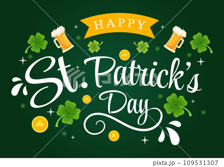 Happy St Patrick's Day Vector Illustration on 17 March with Golden Coins, Green Hat, Beer Pub and Shamrock in Flat Cartoon Background Design 109531307