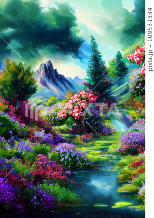 高山の花園と山頂のイラスト 高山の花園と山頂のイラスト 109531334