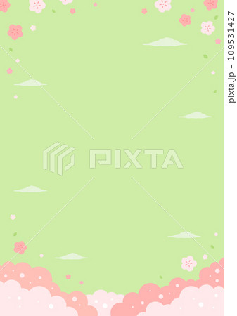 桜の花の春フレーム、背景グリーンの縦長サイズ 109531427