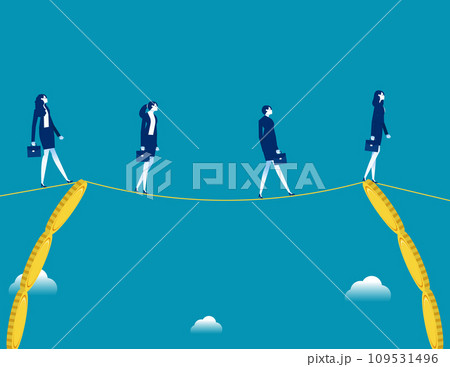 Team walking a wire rope from one section of the pile of coins to the other end of the pile of coins. Business vector illustration 109531496