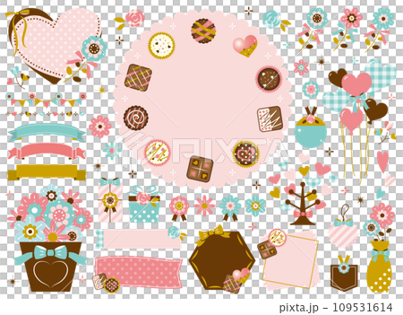 バレンタインのフレーム・チョコレート・花のイラストセット【文字なし】 109531614