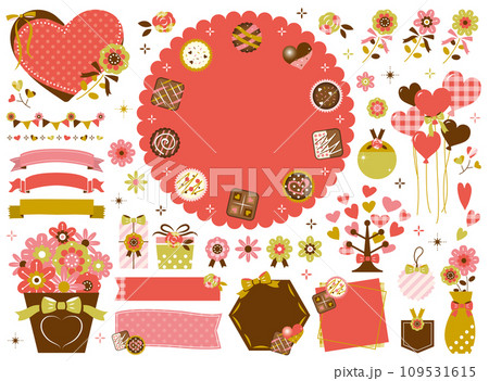 バレンタインのフレーム・チョコレート・花のイラストセット【文字なし】 109531615
