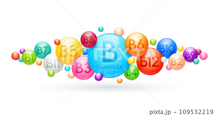 Vitamin B complex capsules nutrients minerals that are essential the body. Vitamin for skin care cosmetics dietary supplement design. Medical concepts. Icon 3D on white background. Vector. 109532219