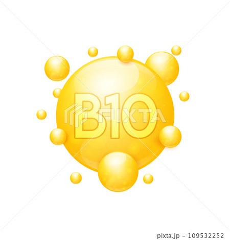 Vitamin B10 capsules yellow nutrients minerals that are essential the body. Vitamins complex for skin care cosmetics dietary supplement design. Medical concepts. Icon 3D on white background. Vector. 109532252