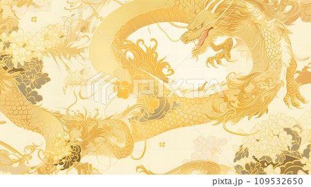金色の和柄龍の背景に金の模様の壁紙　正月　AI画像 109532650