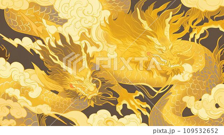 金色の和柄龍の背景に金の模様の壁紙　正月　AI画像 109532652