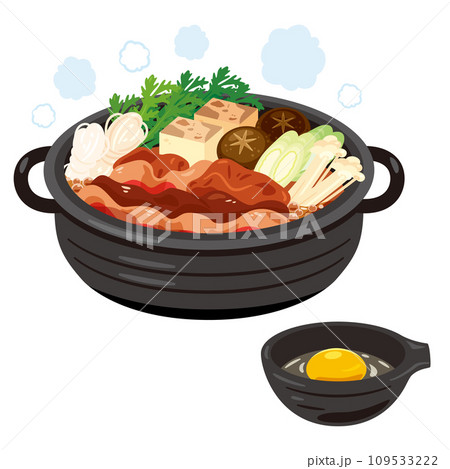 すき焼き鍋と生卵が入った取り皿 109533222