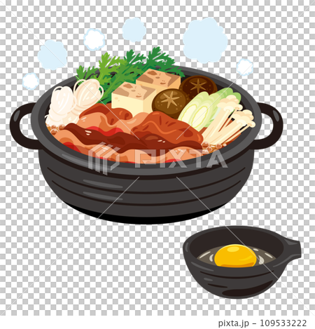 すき焼き鍋と生卵が入った取り皿 109533222