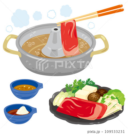 しゃぶしゃぶ鍋と皿に盛られた食材と取り皿 109533231