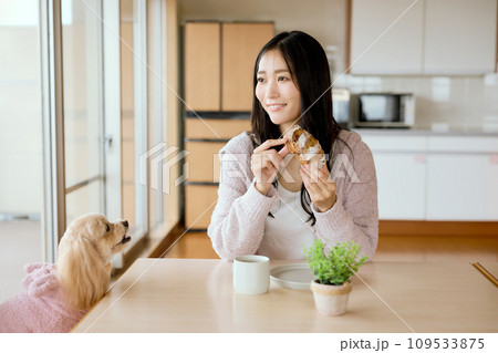 ダイニングテーブルでペット犬と朝食を食べる ダイニングテーブルでペット犬と朝食を食べる 109533875