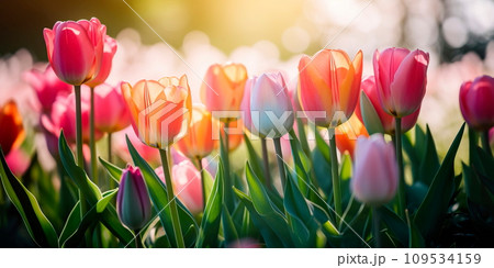 showcasing a wonderland of tulips in different shades, creating a visually captivating spring-themed background. 109534159