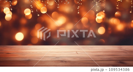 abstract background and bokeh effect depicting a wooden floor against a background of Christmas trees. 109534386