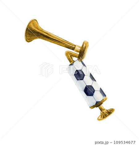 Pipe vuvuzela soccer football watercolor drawing. Stadium competition fan tube picture isolated on white background. Sport cheerleader equipment for training and tournament. Golden souvenir aquarelle Pipe vuvuzela soccer football watercolor drawing. Stadium competition fan tube picture isolated on white background. Sport cheerleader equipment for training and tournament. Golden souvenir aquarelle 109534677