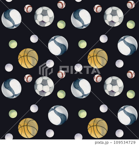 Hand drawn watercolor team sports gear equipment, balls mix, training, health fitness lifestyle. Illustration isolated seamless pattern on dark background. Design poster, print, website, card, shop 109534729