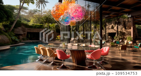 Bohemian-inspired eclectic dining room with mix-and-match chairs, colorful textiles, and hanging plants. 109534753