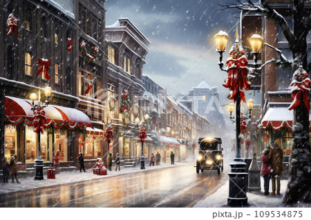 Winter cityscape snow covered streets lined with historical buildings adorned with festive lights and decorations 109534875
