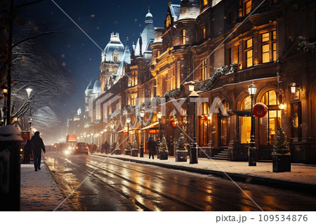 Winter cityscape snow covered streets lined with historical buildings adorned with festive lights and decorations 109534876