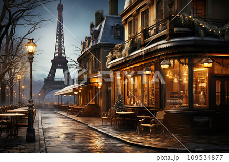 Winter cityscape snow covered streets of Paris lined with historical buildings adorned with festive lights and decorations 109534877
