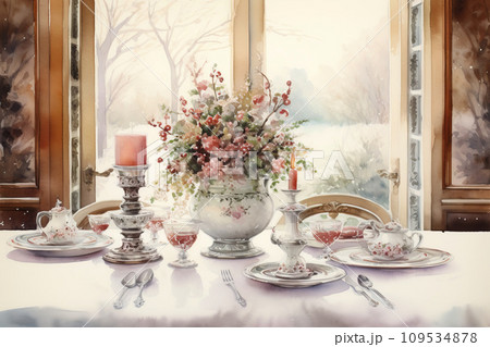 Watercolor painting of a holiday dining table set with vintage china, surrounded by winter foliage, antique style Christmas centerpieces 109534878
