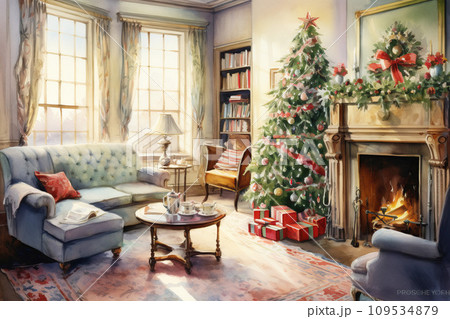 Watercolor illustration of Christmas interior of living room with fireplace, sofa, pillows, christmas tree and decor. 109534879