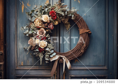 Vintage Christmas wreath with weathered wooden accents, dried flowers, and delicate ribbons, rustic front door background 109534880
