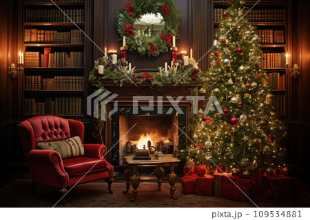Vintage Christmas tree adorned with antique ornaments, tinsel, and classic string lights, cozy living room setting with vintage furniture, a fireplace 109534881