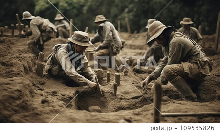 縄文時代の遺跡を発掘する発掘調査員・考古学者（AI生成画像） 109535826
