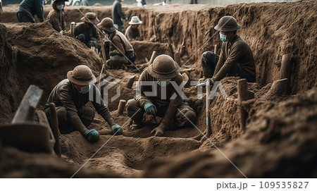 縄文時代の遺跡を発掘する発掘調査員・考古学者（AI生成画像） 109535827